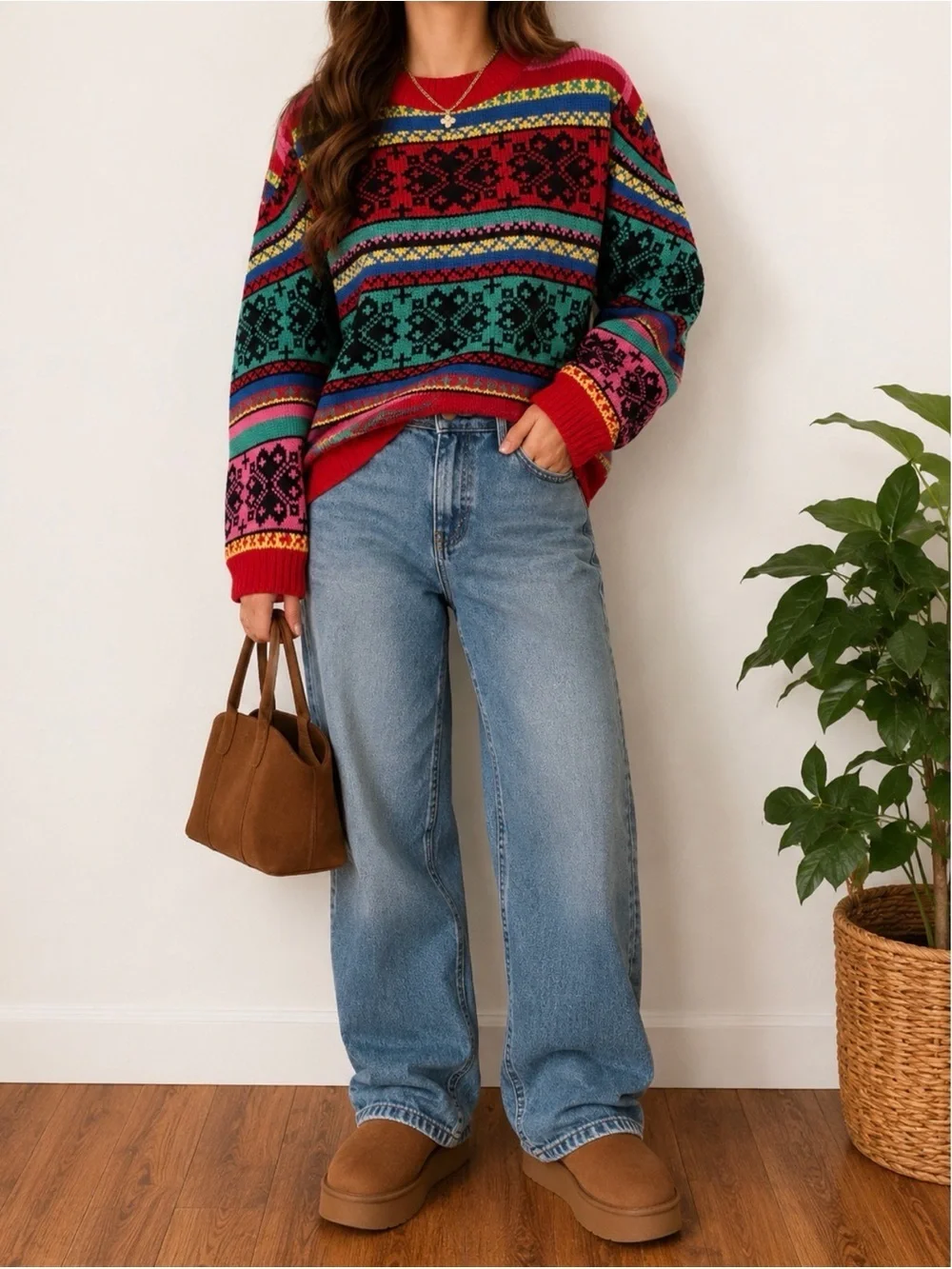 Vintage 80s Fair Isle Rainbow Sweater – Bright Geometric Knit Retro Ski Lodge M - Picture 1 of 6